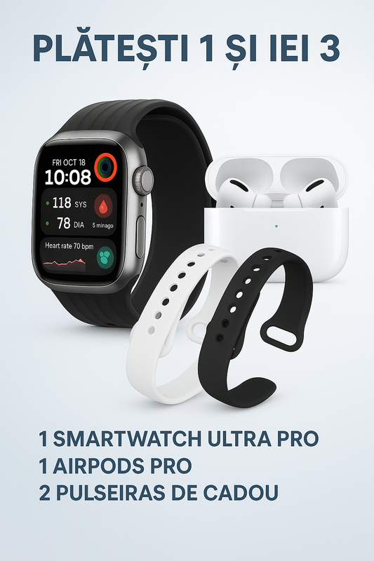Smartwatch + AirPods PRO CADOU 🎧 | Ofertă Premium 3 în 1 – Brățară neagră + albă GRATUITĂ!